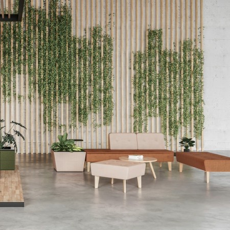 Espace d’accueil lumineux avec banquettes colorées et plantes suspendues. - U Floe