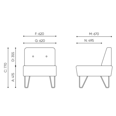 Dimensions de la banquette à dossier boutonné et assise rembourrée. - U Floe
