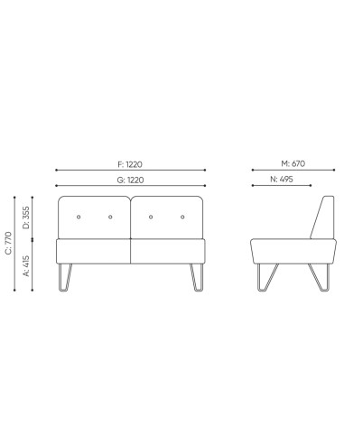 Dimensions du canapé deux places avec piètement fin. - U Floe