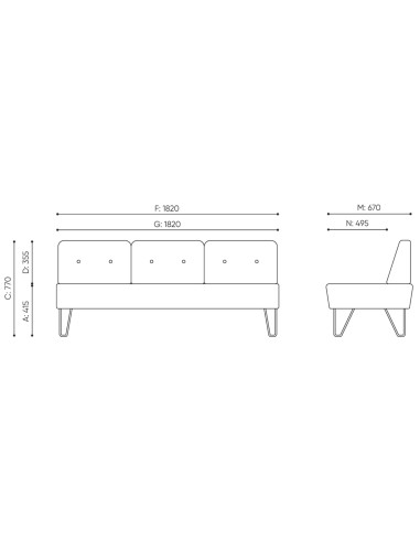 Dimensions du canapé trois places avec pieds fins. - U Floe