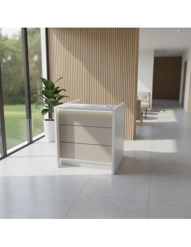 Meuble d'accueil beige dans espace de réception lumineux