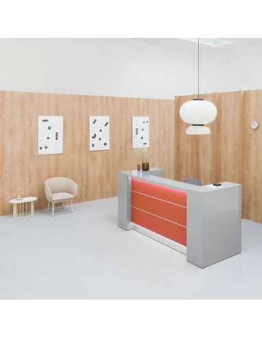 Meuble de réception avec facade rouge et reste en gris