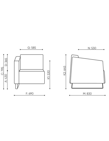 Dimensions du module d’assise droite. - Voo Voo