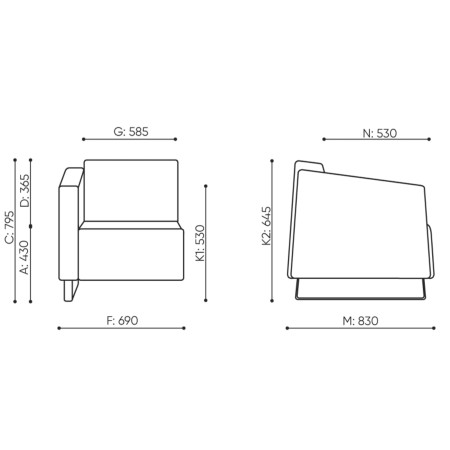 Dimensions du module d’assise droite. - Voo Voo