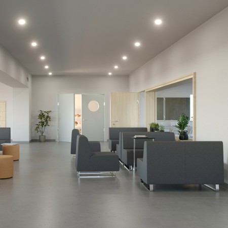 Espace de travail clair avec fauteuils gris modernes. - Voo Voo