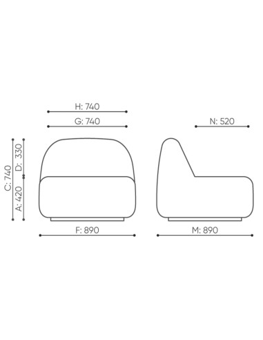 Dimensions du fauteuil Jelly avec vues de face et de profil. - Jelly