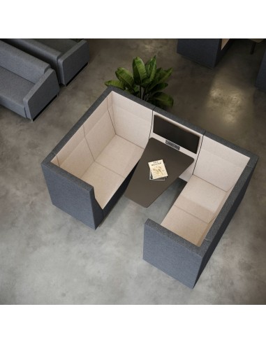 Espace de travail avec deux modules Voo Voo Box face à face, séparés par des cloisons hautes grises. - Voo Voo Box