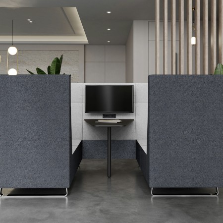 Zone de réunion acoustique avec deux Voo Voo Box et une table centrale noire. - Voo Voo Box