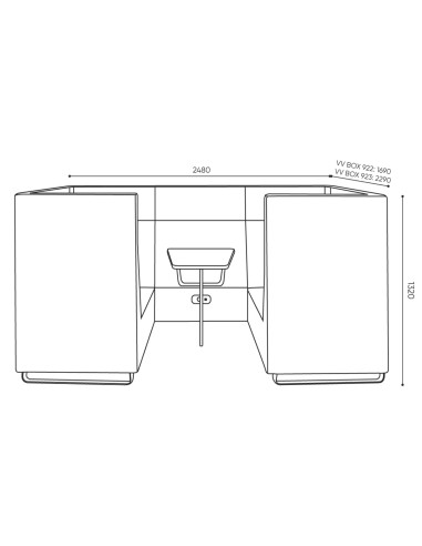 Dimensions du Voo Voo Box, vue de dessus avec disposition des assises et table centrale. - Voo Voo Box