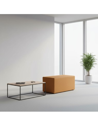 Pouf Rectangular Cube en cuir camel, assorti à une table basse dans un espace épuré. - Rectangular Cube