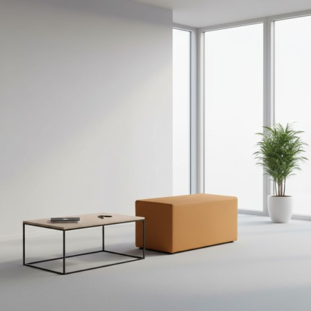 Pouf Rectangular Cube en cuir camel, assorti à une table basse dans un espace épuré. - Rectangular Cube