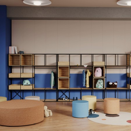 Poufs Rondo bleus et beiges dans une salle de lecture moderne. - Rondo