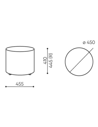 Dimensions du pouf Rondo, vues de face et de dessus. - Rondo