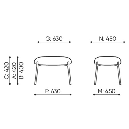 Dimensions du pouf Vieni, vues de face et de dessus. - Vieni