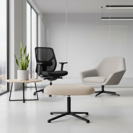 Pouf Lightup rond avec assise rembourrée beige et piètement en étoile noir. - Vieni 2