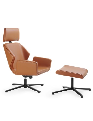Fauteuil et pouf Booi en cuir brun, design ergonomique contemporain. - Booi