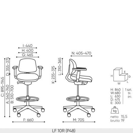 Dimensions techniques du siège haut Lift LF 10R avec accoudoirs, roulettes et repose-pieds circulaire