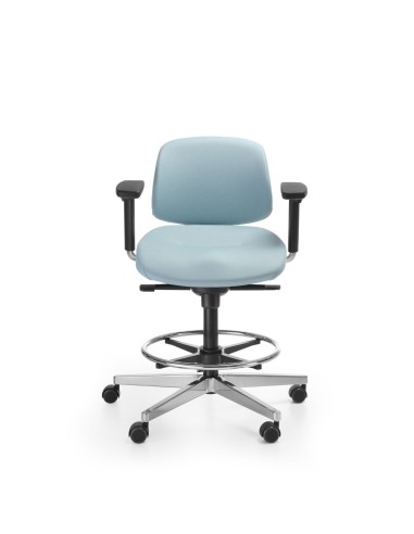 Siège haut Lift LF 10R bleu clair avec accoudoirs, dossier ergonomique et piètement à roulettes chromé