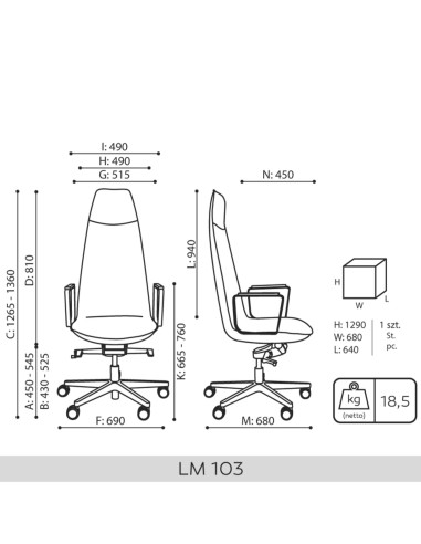 Dimensions techniques du fauteuil Lumi LM 103 - plan côté et face