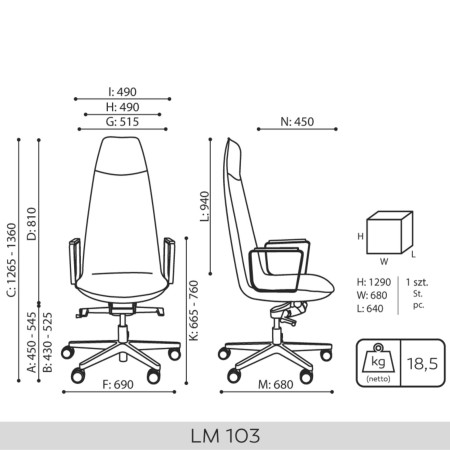 Dimensions techniques du fauteuil Lumi LM 103 - plan côté et face