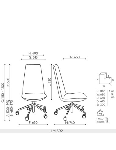 Dimensions chaise de bureau LUMI 5R2 sans accoudoirs