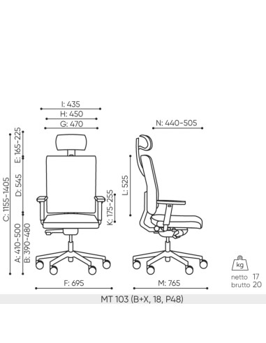 Dimensions techniques du fauteuil de bureau Mate MT 103 avec accoudoirs