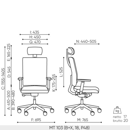 Dimensions techniques du fauteuil de bureau Mate MT 103 avec accoudoirs