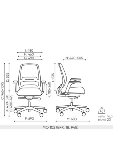 Schéma technique du fauteuil Momo MO 102 avec dimensions détaillées et vue de face et de profil
