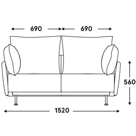 schéma canapé professionnel 2 places avec accoudoirs fins – Lotus dimensions 1520 x 940 x 880 mm