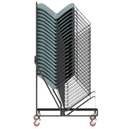 Chaises Relief bleues empilées sur chariot de transport métallique à roulettes – mobilier professionnel monbureau