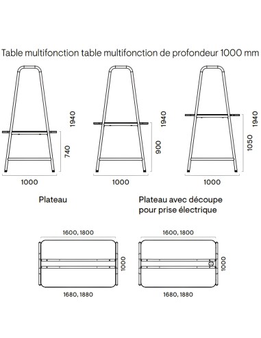 Table multifonction table multifonction de profondeur 1000 mm - dimensions