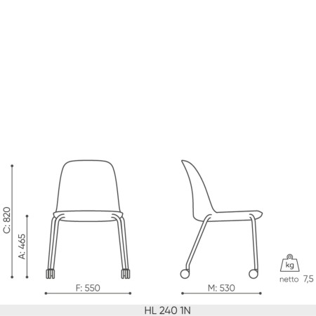 Schéma technique de la chaise de réunion Haali HL 240 1N – dimensions en millimètres