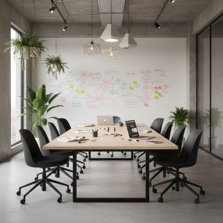 Salle de réunion moderne et lumineuse avec chaises 5 branches sur roulettes Haali