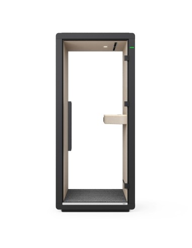 Cabine Flathouse vue de trois quarts, finition extérieure en tissu gris. - Flathouse