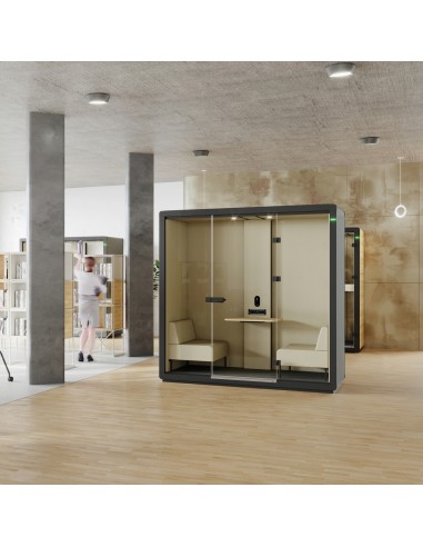 Cabine Flathouse en espace de coworking, porte vitrée et design épuré. - Flathouse