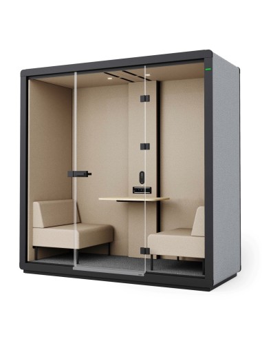 Cabine Flathouse avec deux fauteuils et une table centrale pour réunions. - Flathouse