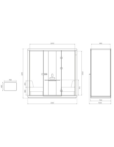 Dimensions de la cabine Flathouse avec table centrale. - Flathouse
