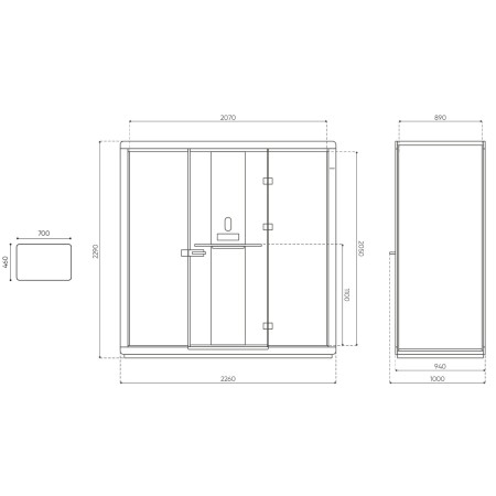 Dimensions détaillées de la cabine Flathouse avec assises intégrées. - Flathouse