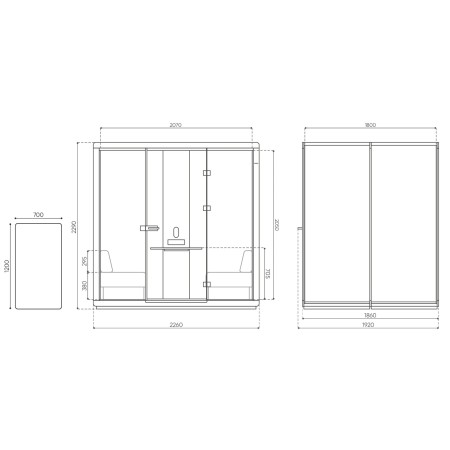 Dimensions de la cabine Flathouse avec table centrale. - Flathouse