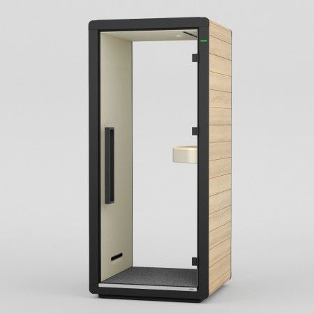 Cabine acoustique Flathouse avec parois vitrées et intérieur lumineux. - Flathouse