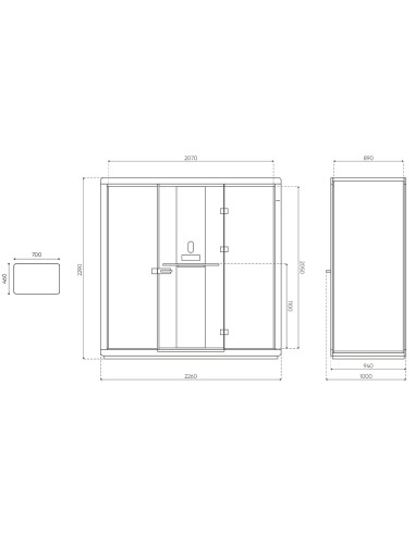 Dimensions de la cabine acoustique Flathouse, vue frontale. - Flathouse