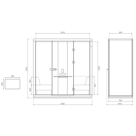 Dimensions de la cabine Flathouse avec table intégrée. - Flathouse