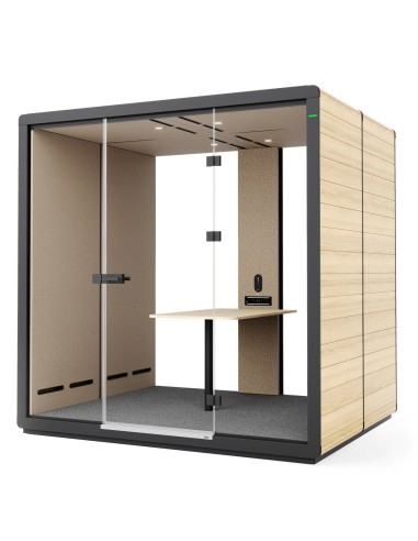 Cabine acoustique Flathouse vue en angle, design chaleureux et épuré. - Flathouse