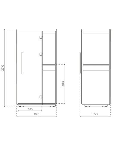 Dimensions de la cabine Quadra, vue frontale et latérale. - Quadra