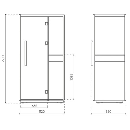 Dimensions de la cabine Quadra, vue frontale et latérale. - Quadra