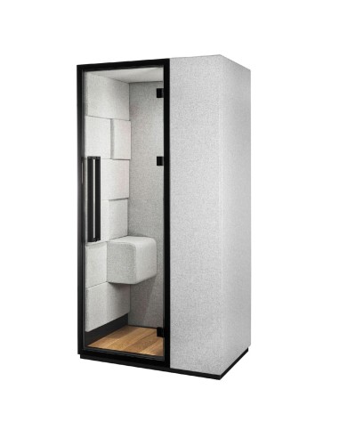 Cabine acoustique Quadra avec structure compacte et finitions en tissu gris clair. - Quadra
