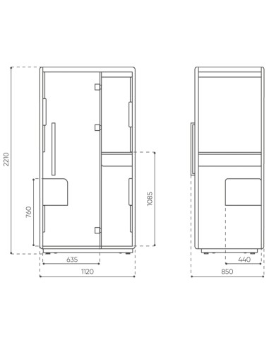 Dimensions de la cabine Quadra, vues frontale et latérale. - Quadra