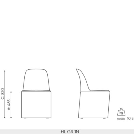 Dimensions chaise Haali HL GR – hauteur 820 mm, assise 465 mm