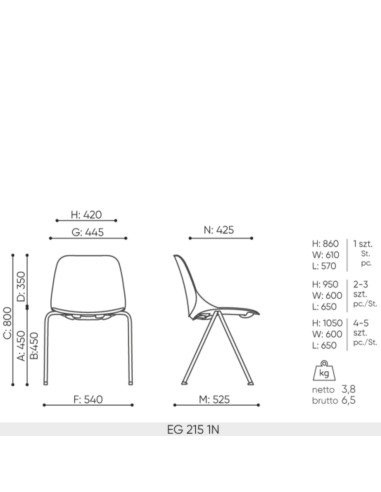 dimensions de la chaise Eggo EG 215 avec vue de face et de profil