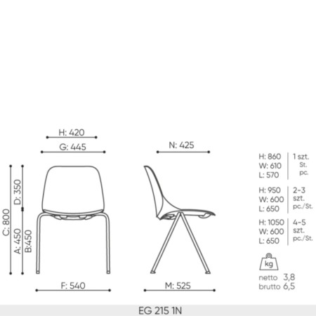 dimensions de la chaise Eggo EG 215 avec vue de face et de profil